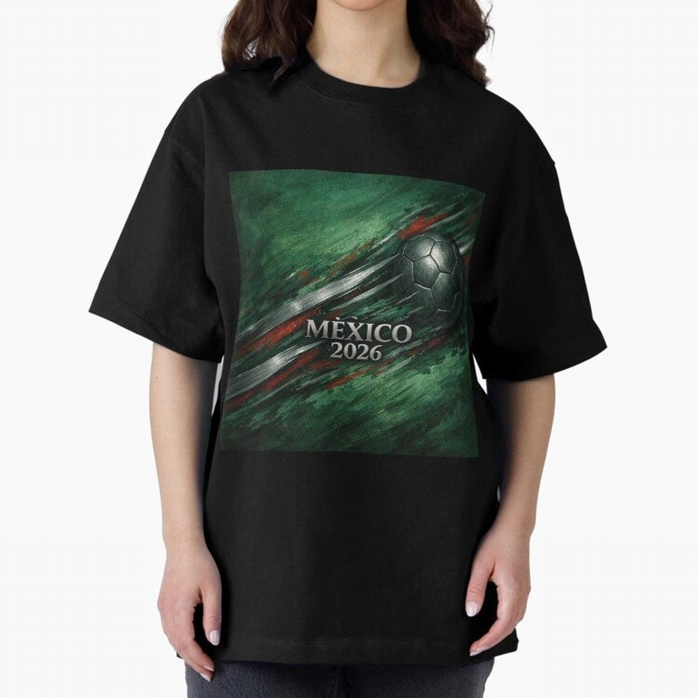 Mexico 2026 Football with Metallic Silver Line Oversized T-Shirt Cheer through Every Moment of Match Day Hype around FIFA World Cup 2026 USA Canada Mexico, CR7 and Messi, France and Portugal, Stadium Chants, National Pride, Trophy Dreams and