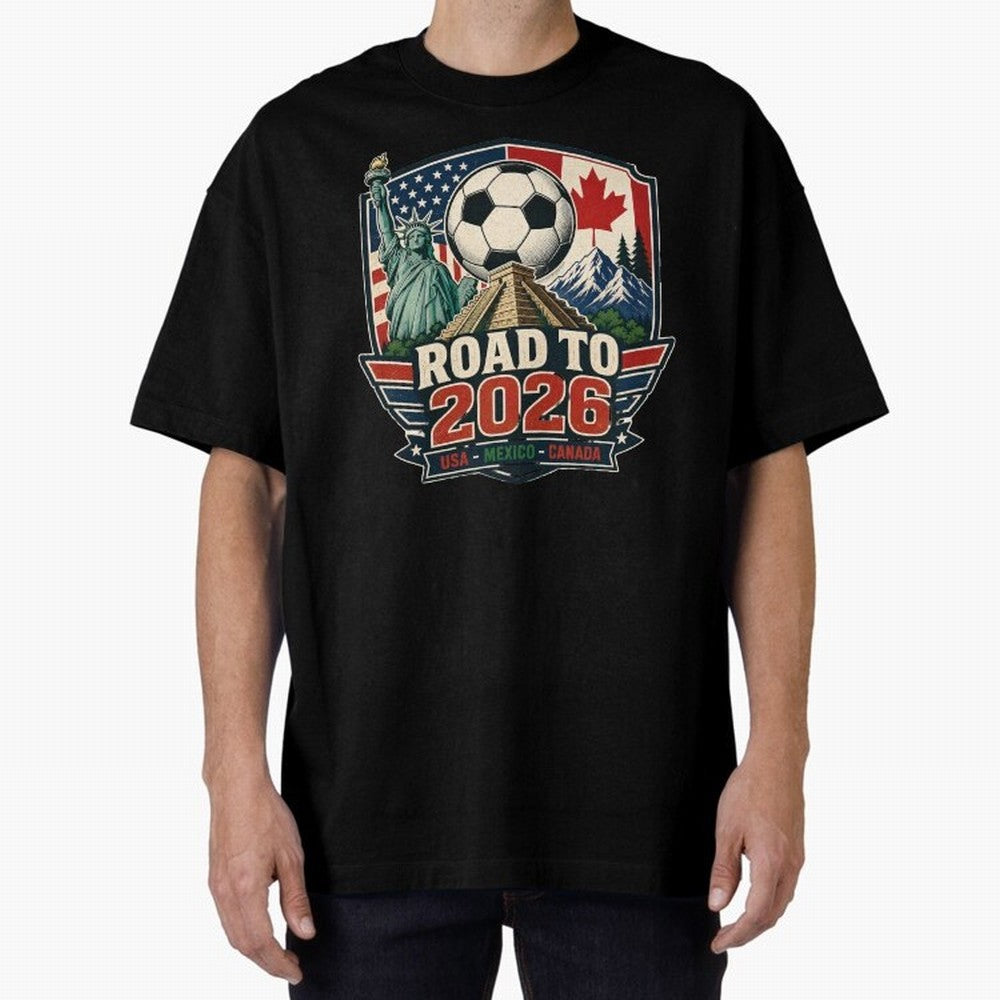 Road to 2026 USA Mexico Canada Soccer Design Oversized T-Shirt Bring a Vintage Feel to the FIFA World Cup 2026 Journey through Neymar, Haaland and Cristiano Ronaldo Highlights, Portugal, Spain and Germany Pride, Fan Favorite Moments, National Team