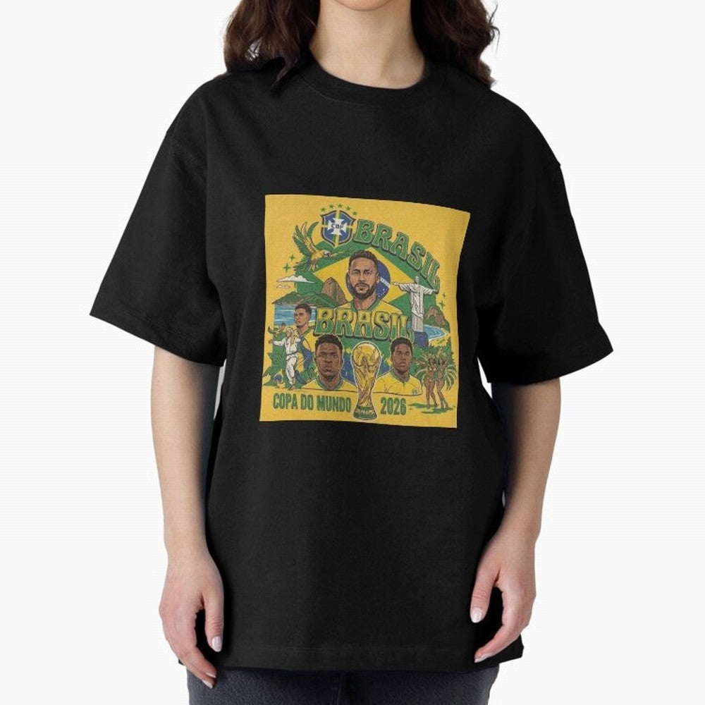 Brazil Football 2026 ¨C Retro World Cup Fan Art Oversized T-Shirt Bring a Vintage Feel to Global Football Passion for FIFA World Cup 2026 Group Stage, Centered on Mbappe and Neymar, Spain, Football Festival Excitement, Trophy Ambitions, Country