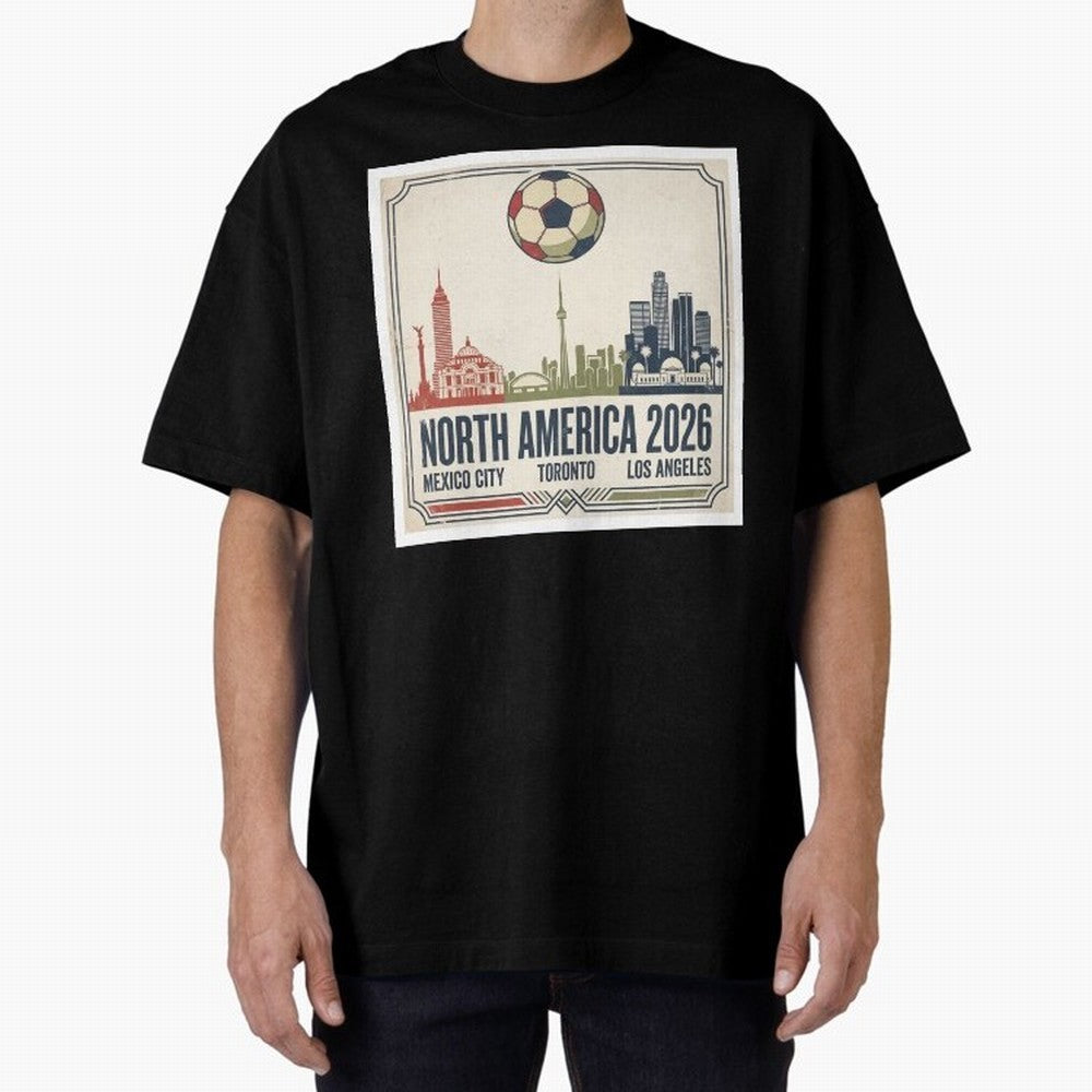 Retro North America 2026 Soccer Vintage Graphic Oversized T-Shirt Capture the FIFA World Cup 2026 USA Canada Mexico Journey through Mbappe Highlights, Portugal, Spain and Germany Pride, Championship Spirit, Famous Goals, Roaring Crowds and