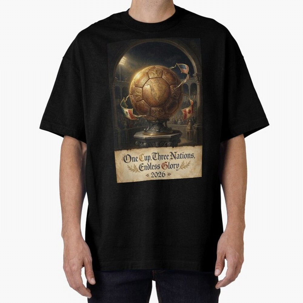 World Cup 2026 Emblem USA Canada Mexico Oversized T-Shirt Get Ready for FIFA World Cup 2026 Group Stage Celebrating CR7, Portugal, Spain and Germany Energy, Stadium Memories, Football Loyalty, International Chants and Championship Tradition; Ideal
