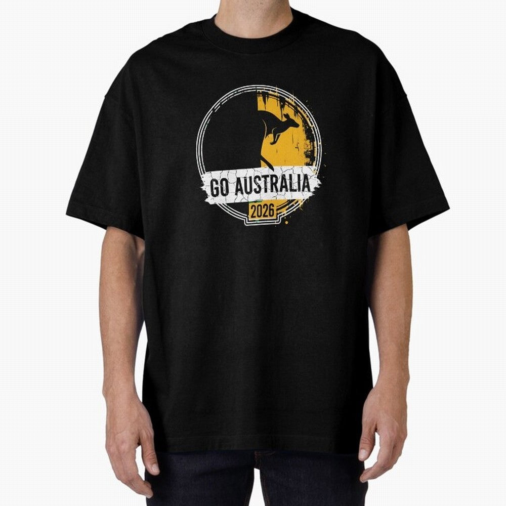 Golden Green Kangaroo Emblem Go Australia 2026 Supporter Design T-Shirt_83662099 Oversized T-Shirt Join Supporters Worldwide for FIFA World Cup 2026 Filled with Messi and Cristiano Ronaldo, England, France and Netherlands Energy, Retro Football