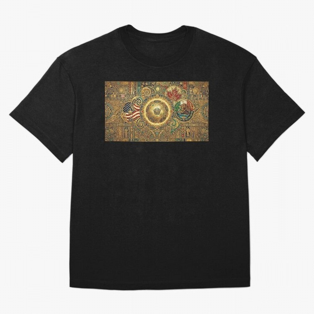 Ornate Soccer Emblem with Flags Oversized T-Shirt Relive Legendary Nights from FIFA World Cup 2026 USA Canada Mexico for Fans of Messi and France, Bringing Sports Nostalgia, International Competition, Famous Players and Unforgettable Victories;
