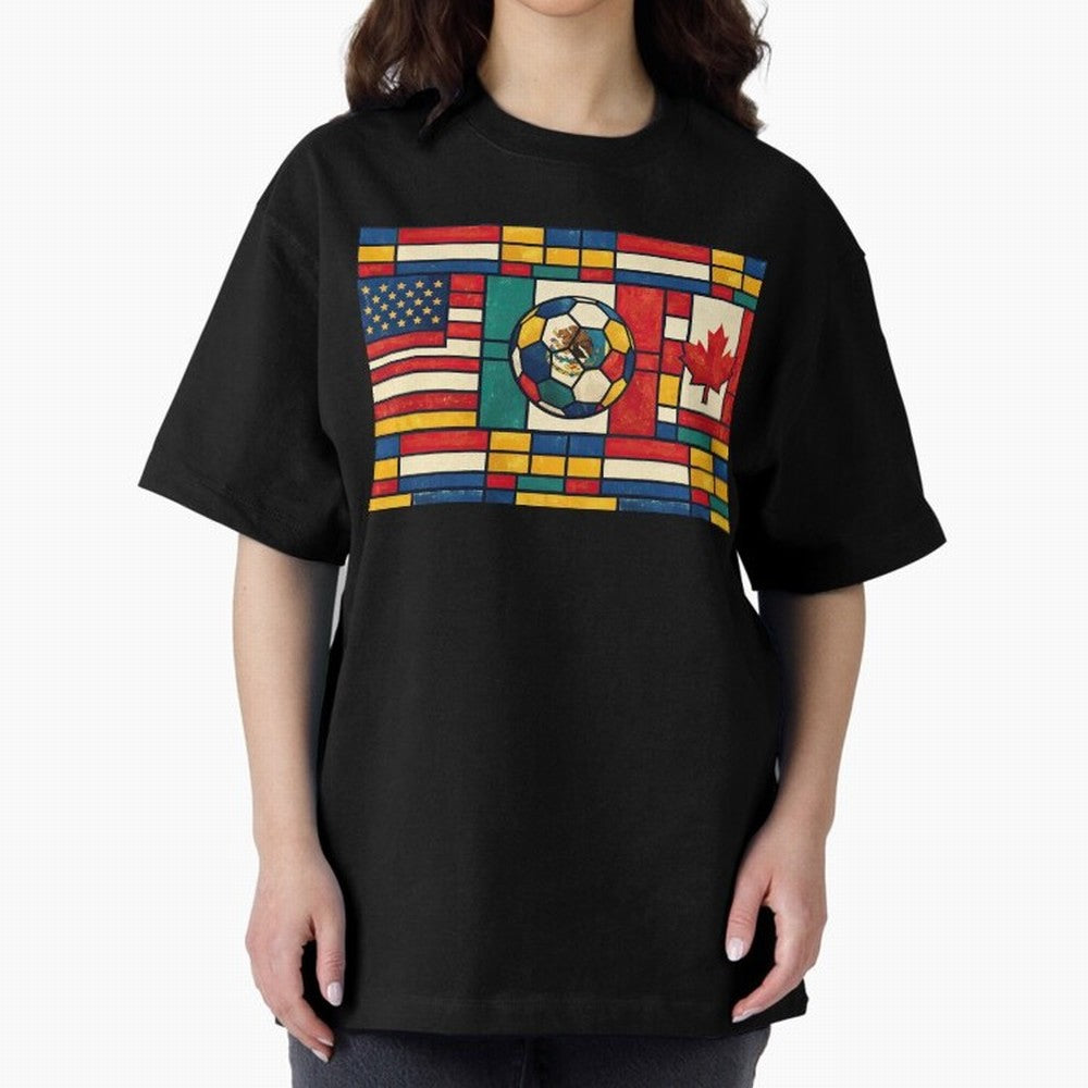 Elegant World Cup Stadiums Geometrical | Soccer Flags Mexico Canada USA Oversized T-Shirt Build Global Football Passion for FIFA World Cup 2026 Group Stage, Built around Messi and Cristiano Ronaldo, France, Champion Mindset, Group Stage Buzz,