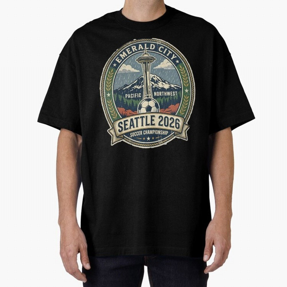 Seattle 2026 World Cup Host City Vintage Football Badge ¡ª Emerald City Space Needle Soccer Oversized T-Shirt Celebrate Unforgettable Nights in FIFA World Cup 2026 for Fans of Mbappe and Neymar and Spain and Netherlands, Bringing Championship