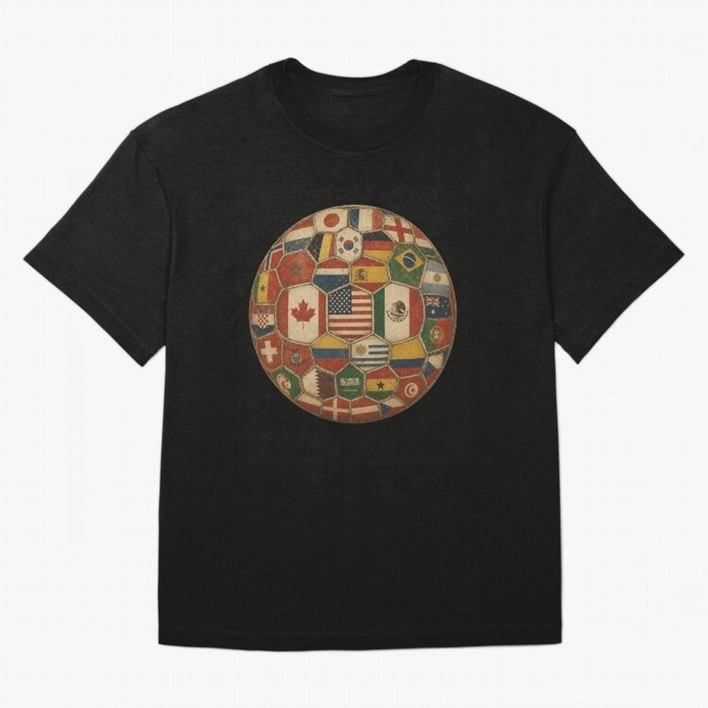 Vintage World Flags Soccer Ball,2026 International Football Graphic Gifts Tee Oversized T-Shirt Celebrate Football Heritage in the FIFA World Cup 2026 Group Stage Journey through Neymar Highlights, England and Germany Pride, Football History, Final