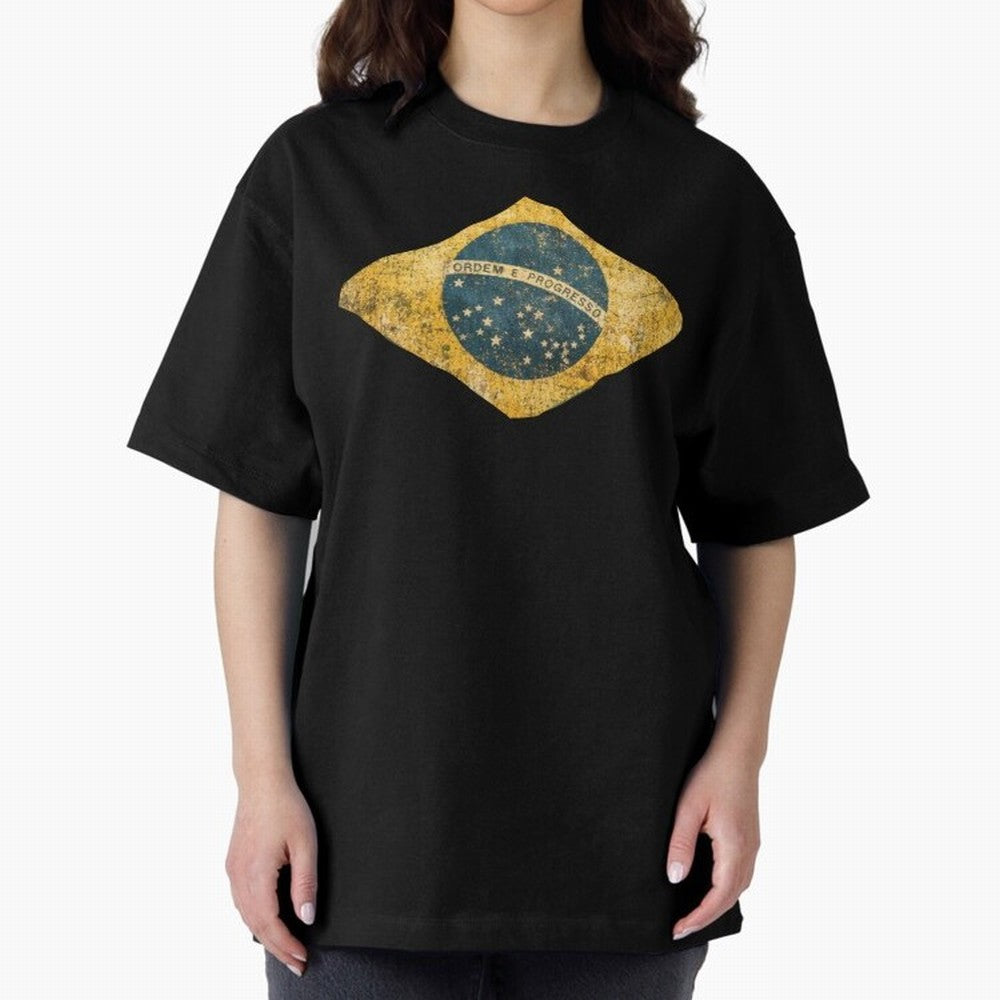 Vintage Brazil Flag Soccer Fan Design Oversized T-Shirt Celebrate the Magic of FIFA World Cup 2026 Group Stage Capturing Messi, Portugal, Spain and Germany Energy, Worldwide Fan Energy, Dramatic Goals, Stadium Lights and Championship Celebrations;