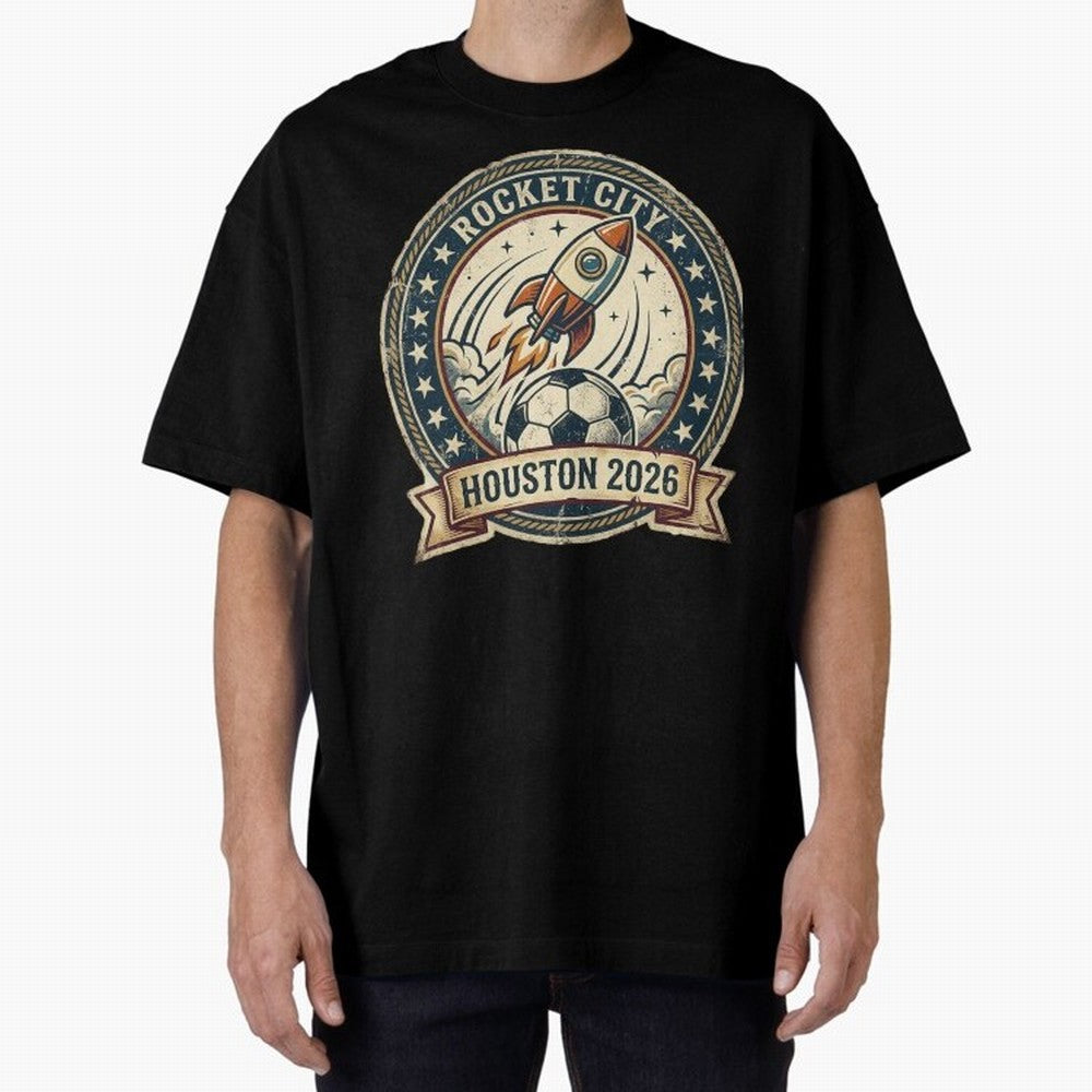 Houston 2026 World Cup Host City Vintage Football Badge ¡ª Rocket City Space Soccer Crest Design Oversized T-Shirt Show Match Day Excitement for FIFA World Cup 2026 Group Stage Capturing Messi and Cristiano Ronaldo, Portugal, Spain and Germany