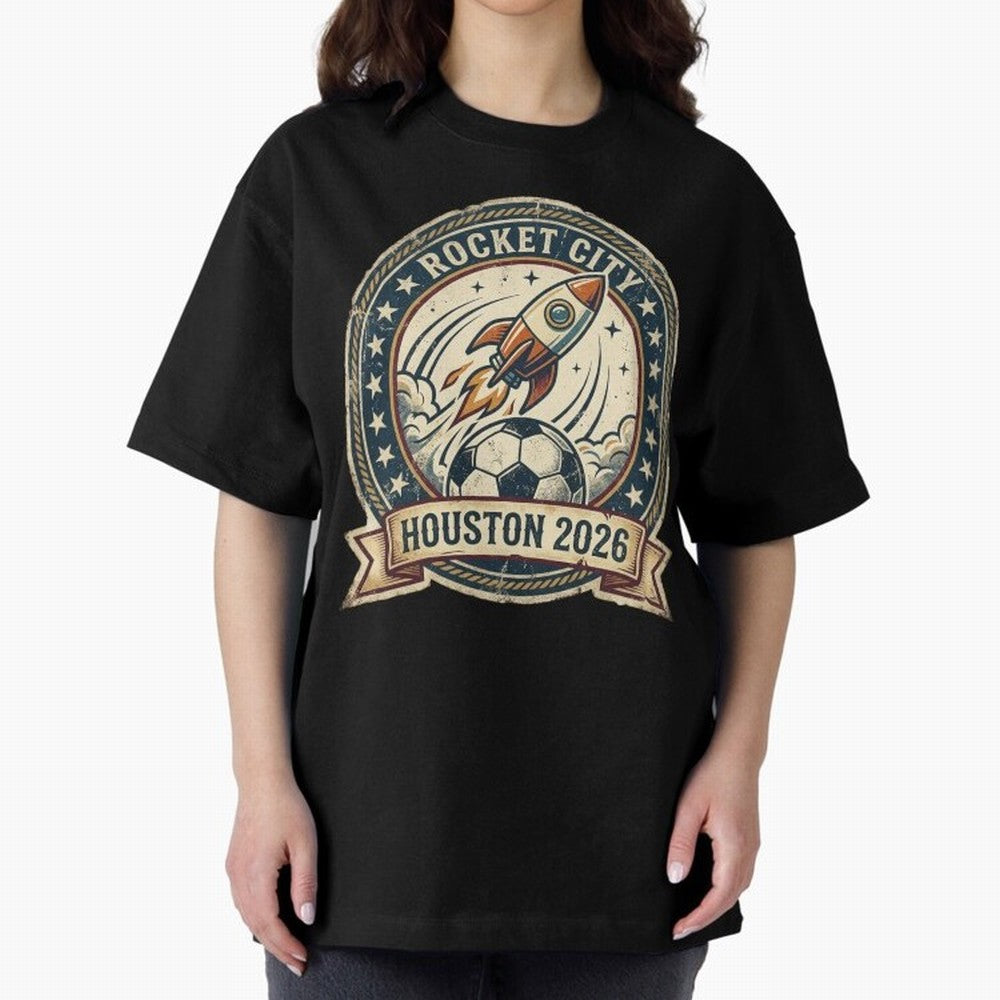 Houston 2026 World Cup Host City Vintage Football Badge ¡ª Rocket City Space Soccer Crest Design Oversized T-Shirt Show Match Day Excitement for FIFA World Cup 2026 Group Stage Capturing Messi and Cristiano Ronaldo, Portugal, Spain and Germany