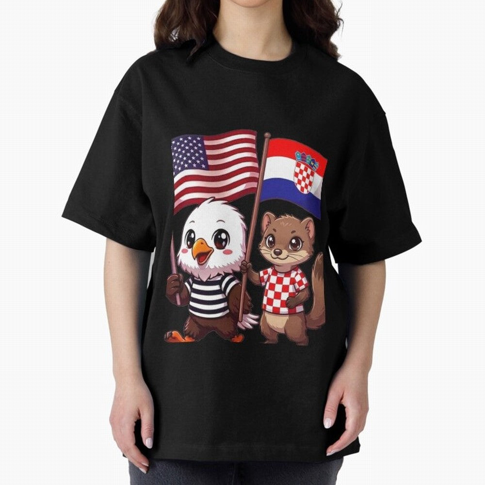 The American eagle and its friend, the Croatian marten Oversized T-Shirt Showcase the FIFA World Cup 2026 Group Stage Journey through Messi and Cristiano Ronaldo Highlights, England, France and Netherlands Pride, Classic Soccer Heritage,