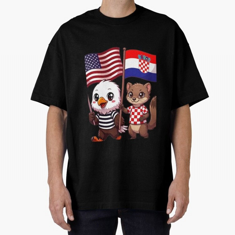 The American eagle and its friend, the Croatian marten Oversized T-Shirt Showcase the FIFA World Cup 2026 Group Stage Journey through Messi and Cristiano Ronaldo Highlights, England, France and Netherlands Pride, Classic Soccer Heritage,