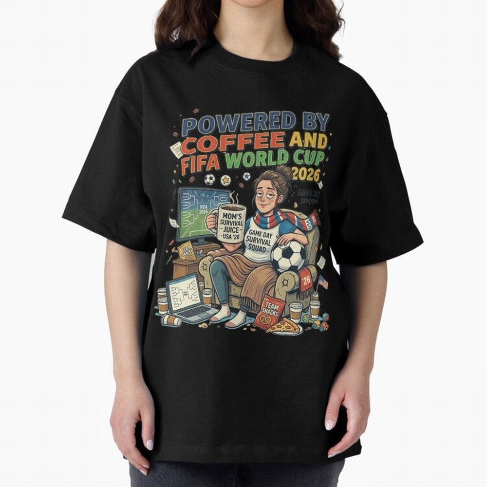 Soccer Mom Powered By Coffee And FIFA World Cup 2026 Funny USA Football Design Oversized T-Shirt Show Match Day Excitement for the FIFA World Cup 2026 Group Stage Journey through Messi, Neymar and Mbappe Highlights, Brazil, Portugal and Argentina