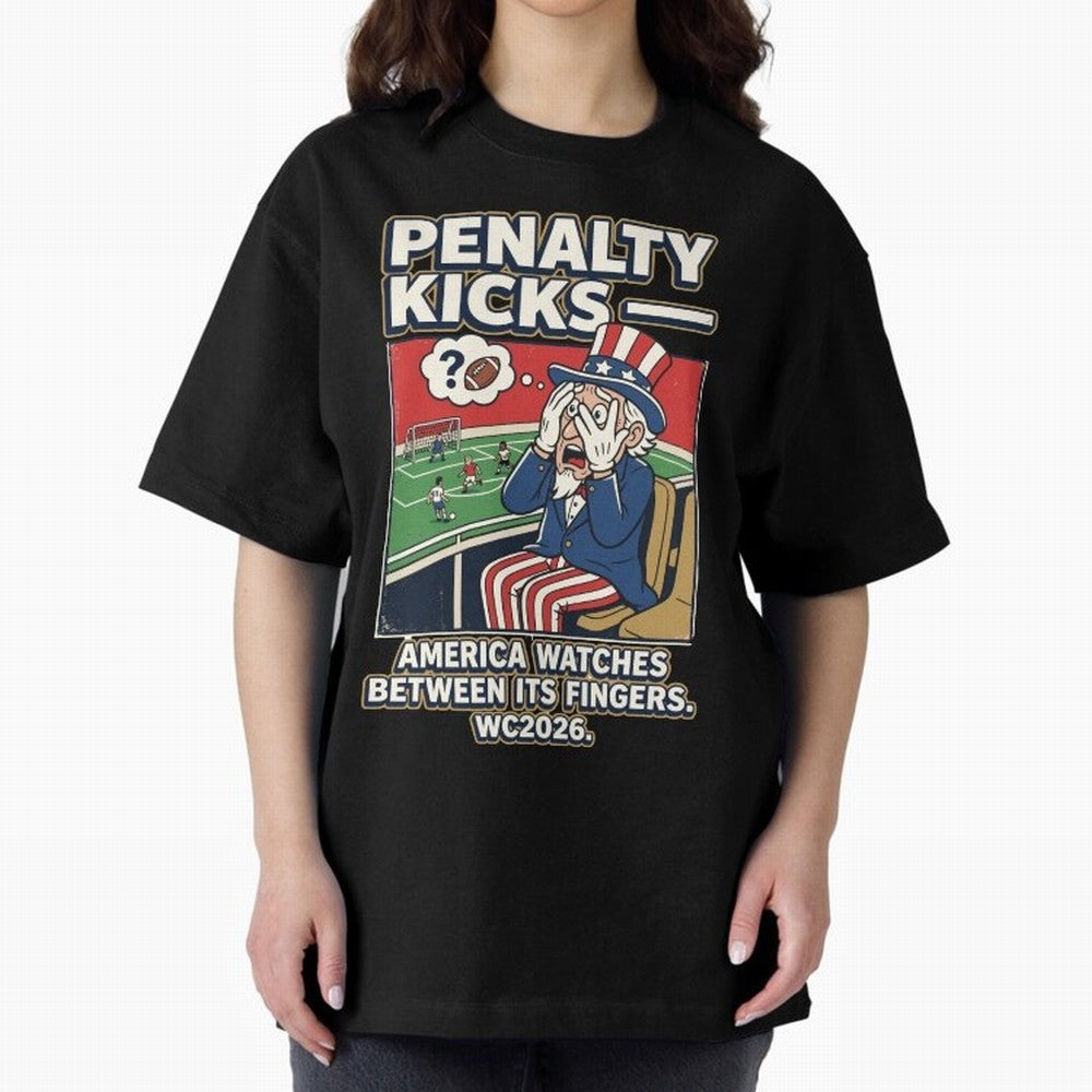Penalty Kicks ¡ª WC2026 V2 Oversized T-Shirt Live for the Drama of FIFA World Cup 2026 Group Stage for Fans of Messi, CR7 and Mbappe and Argentina and Brazil, Bringing Vintage Soccer Flavor, Modern Football Stars, National Flags and Final Night