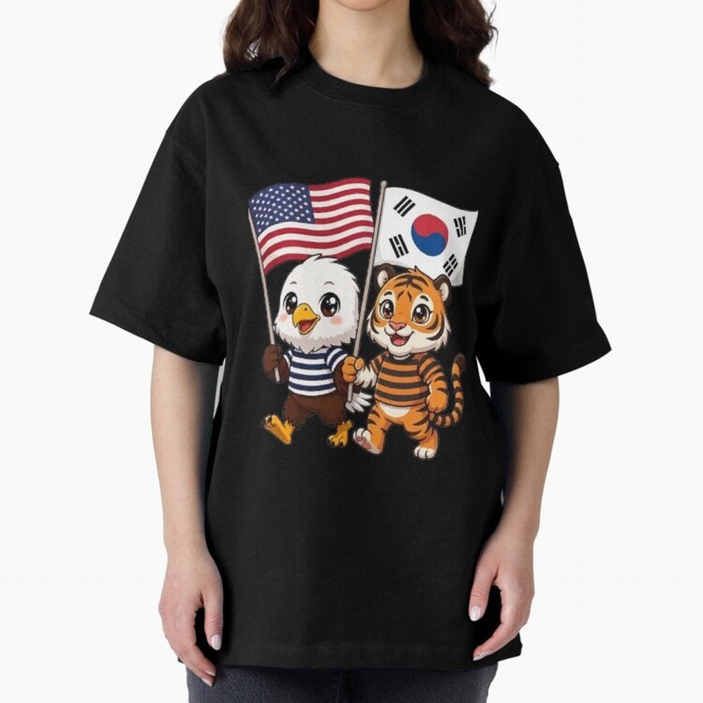 The American eagle and its friend the South Korean tiger Oversized T-Shirt Stand Proud for FIFA World Cup 2026 Group Stage Connected to Messi and Cristiano Ronaldo, France and Portugal Energy, Vintage Soccer Flavor, Modern Football Stars, National