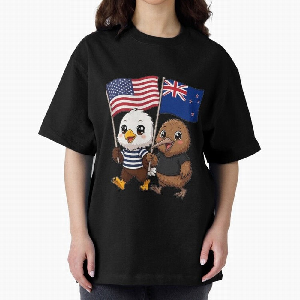the American eagle and its friend the New Zealand kiwi Oversized T-Shirt Honor Football Greatness during FIFA World Cup 2026 Group Stage Spirit, Built around Brazil, Haaland and Mbappe, Championship Spirit, Famous Goals, Roaring Crowds and