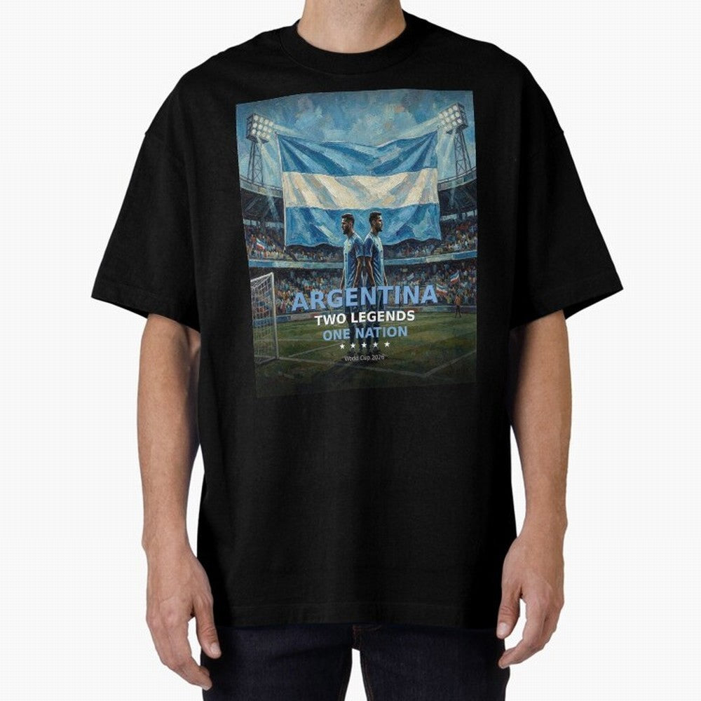 Argentina Two Legends One Nation - World Cup 2026 Soccer Fan Tee Oversized T-Shirt Carry National Pride through FIFA World Cup 2026 USA Canada Mexico Capturing Haaland and Mbappe, Argentina and Brazil Energy, Match Day Excitement, Supporter