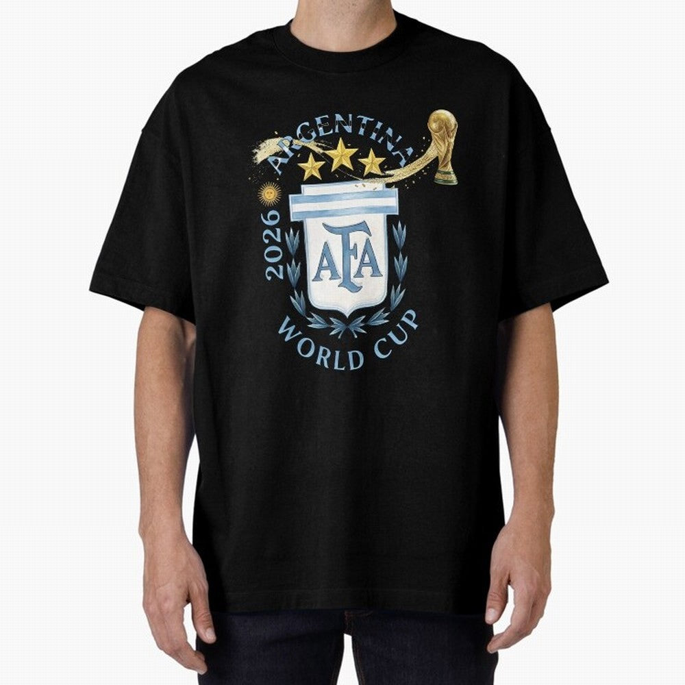 Argentina Football Champion World Cup 2026 - Gold Stars Watercolor Oversized T-Shirt Unlock Global Football Passion for FIFA World Cup 2026 USA Canada Mexico, Driven by Messi, Germany, Worldwide Fan Energy, Dramatic Goals, Stadium Lights and