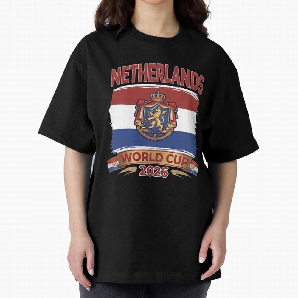 Netherlands World Cup 2026 Coat of Arms Football Design Oversized T-Shirt Remember FIFA World Cup 2026 Spirit, Filled with England and Germany, Messi, Championship Spirit, Famous Goals, Roaring Crowds and International Football Unity; Made for
