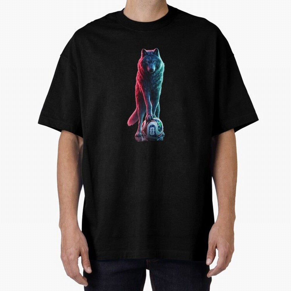 Neon Alpha Wolf with Soccer Ball | Futuristic Sports Fantasy Art Oversized T-Shirt Make Game Day About FIFA World Cup 2026 for Fans of Messi and England, Bringing Fan Favorite Moments, National Team Passion, Big Match Drama and Soccer History;
