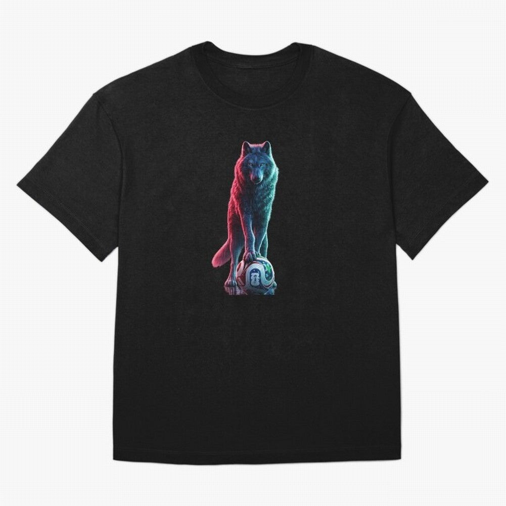 Neon Alpha Wolf with Soccer Ball | Futuristic Sports Fantasy Art Oversized T-Shirt Make Game Day About FIFA World Cup 2026 for Fans of Messi and England, Bringing Fan Favorite Moments, National Team Passion, Big Match Drama and Soccer History;