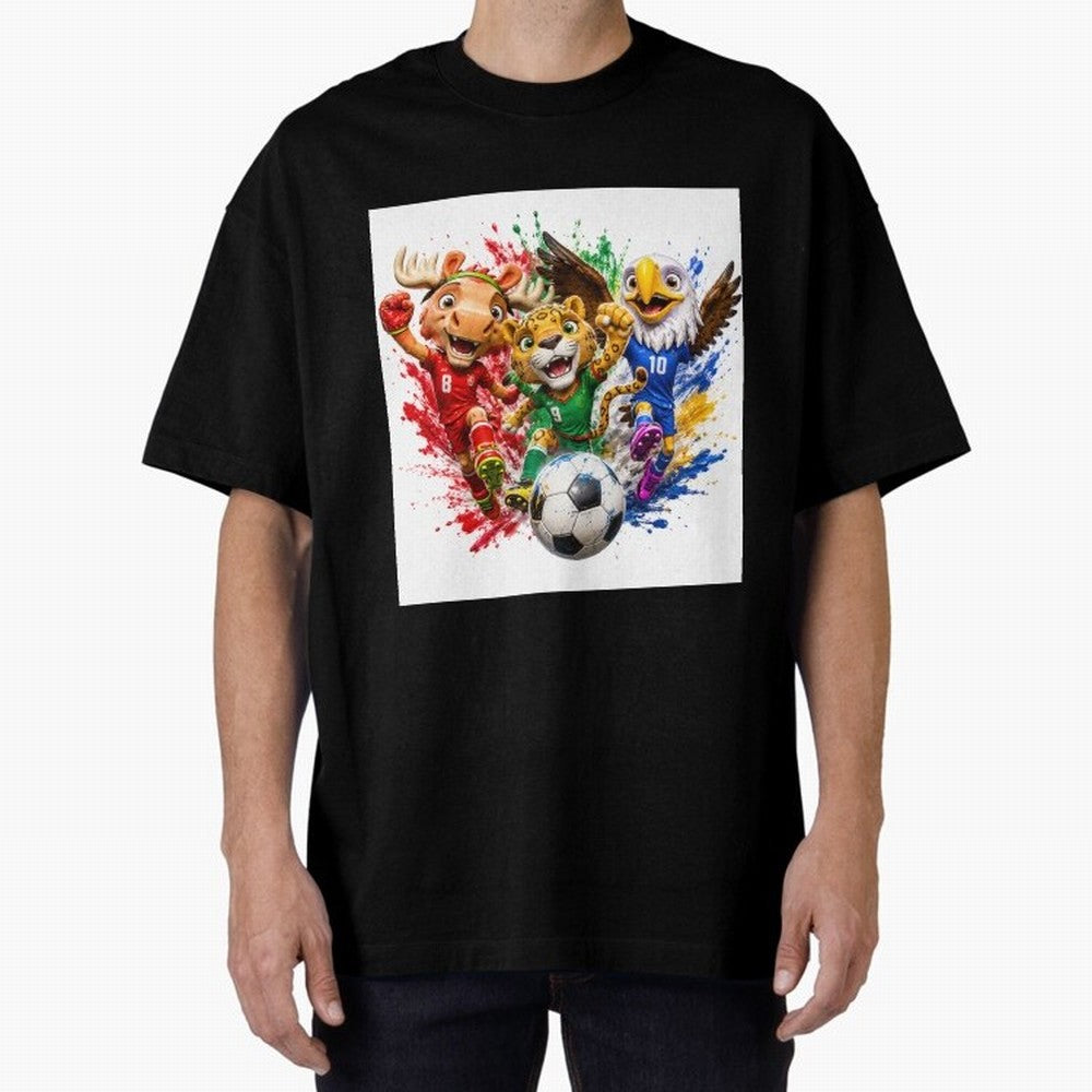 World Football Mascots ¨C Ultimate Soccer Fan Cartoon Design Oversized T-Shirt Support the FIFA World Cup 2026 USA Canada Mexico Journey through Neymar, Haaland and Cristiano Ronaldo Highlights, Portugal Pride, Football History, Final Match Energy,
