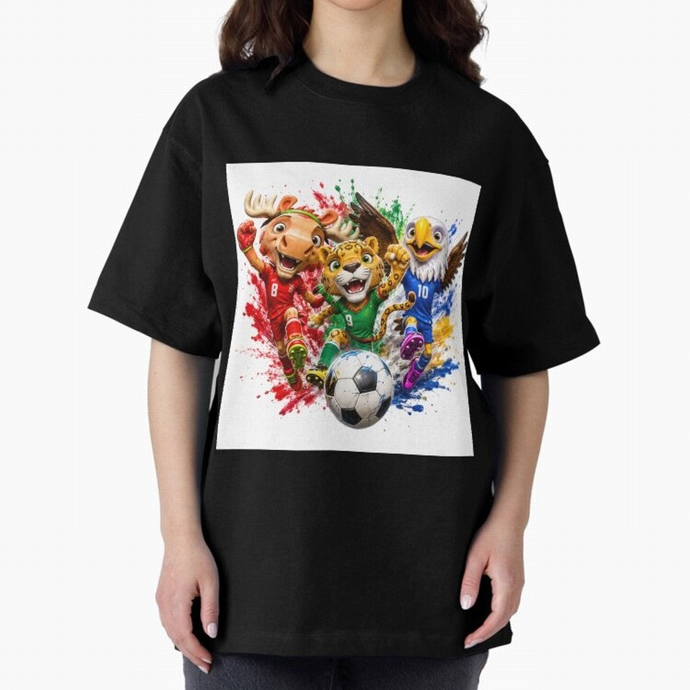 World Football Mascots ¨C Ultimate Soccer Fan Cartoon Design Oversized T-Shirt Support the FIFA World Cup 2026 USA Canada Mexico Journey through Neymar, Haaland and Cristiano Ronaldo Highlights, Portugal Pride, Football History, Final Match Energy,