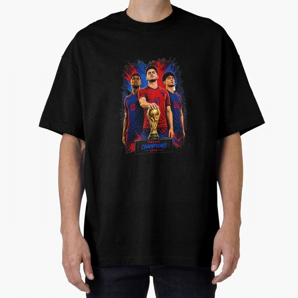 Dream Champions 2026 Football Streetwear Design | Trophy Graphic Tee Oversized T-Shirt Show Your Love for FIFA World Cup 2026 USA Canada Mexico for Fans of Messi and Cristiano Ronaldo and Germany, Bringing Sports Nostalgia, International
