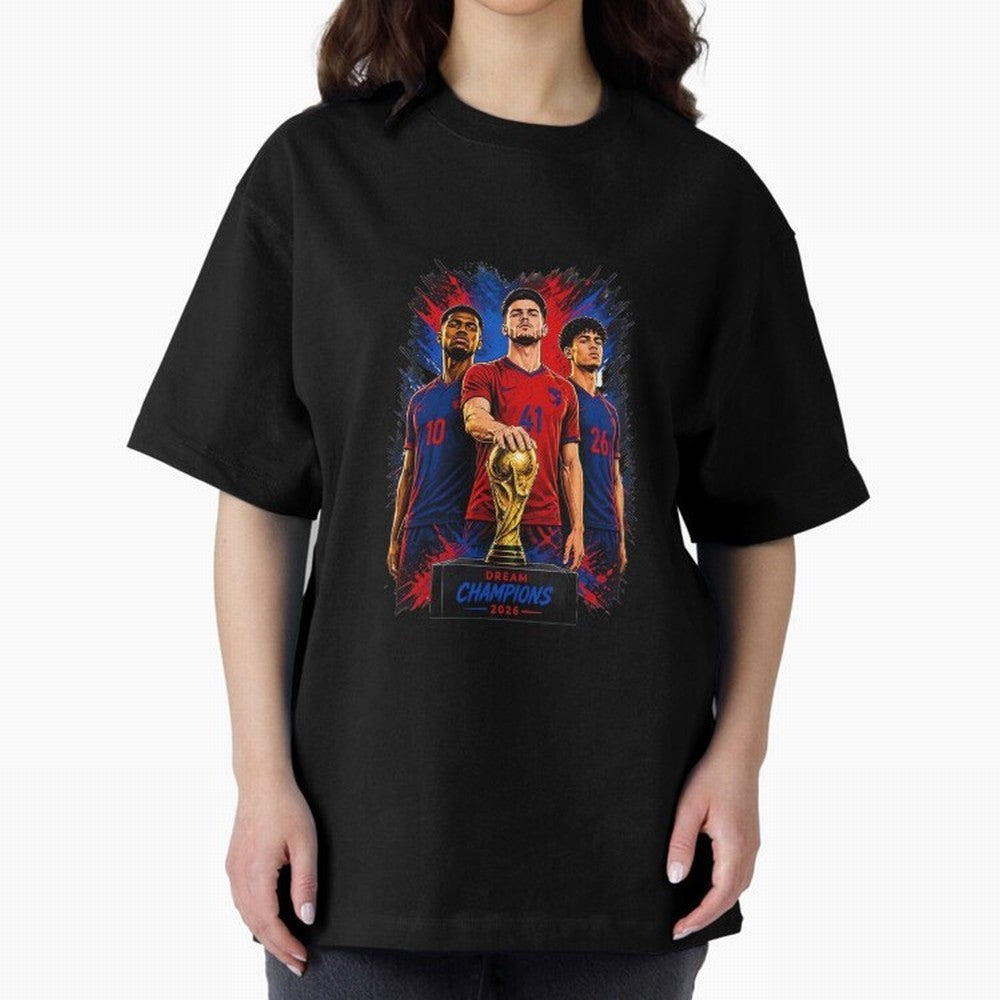 Dream Champions 2026 Football Streetwear Design | Trophy Graphic Tee Oversized T-Shirt Show Your Love for FIFA World Cup 2026 USA Canada Mexico for Fans of Messi and Cristiano Ronaldo and Germany, Bringing Sports Nostalgia, International