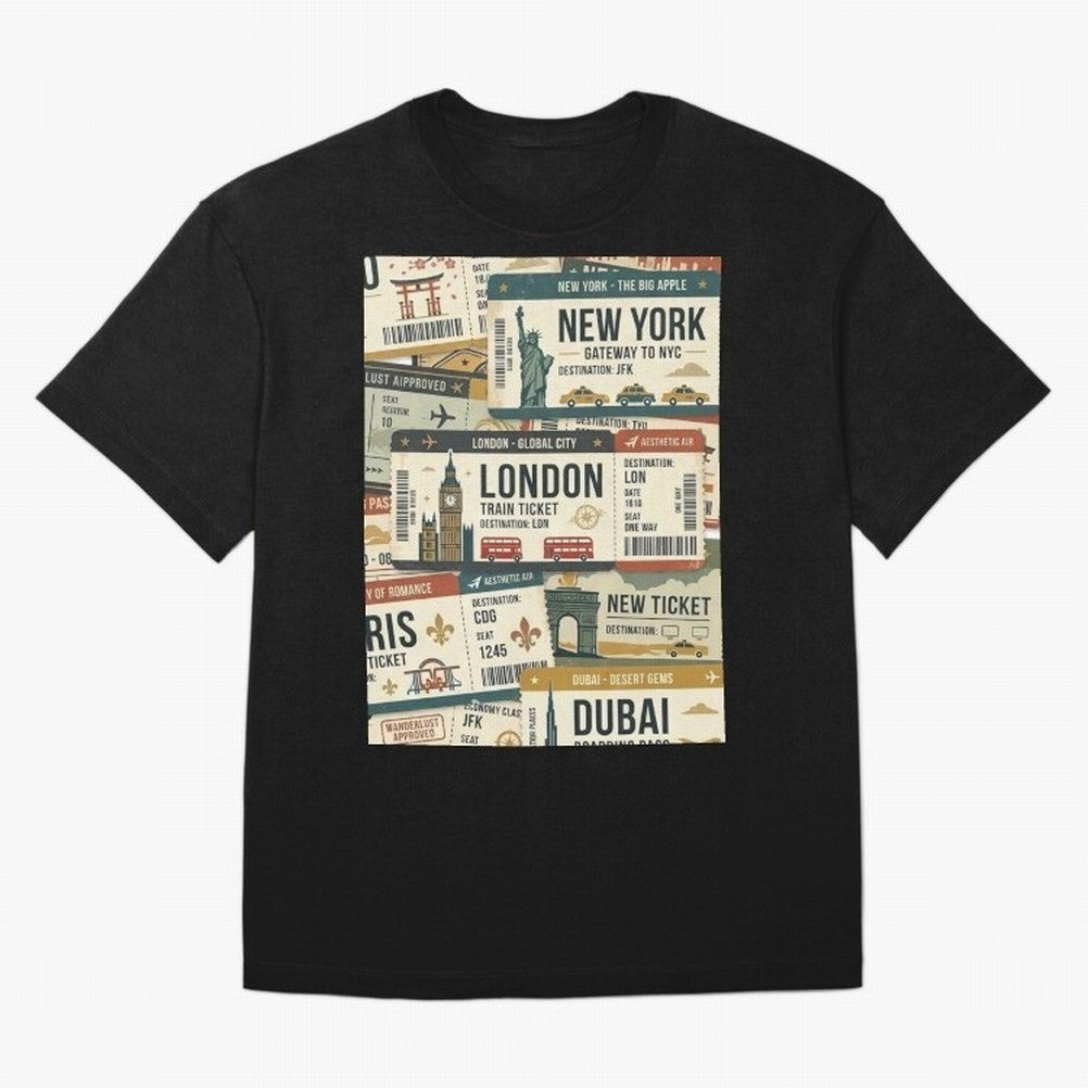 World Travel Ticket Aesthetic Collage Global City Vibes Oversized T-Shirt Join the Countdown to FIFA World Cup 2026 USA Canada Mexico for Fans of Mbappe and England, Bringing Champion Mindset, Group Stage Buzz, Knockout Tension and Passionate Fan
