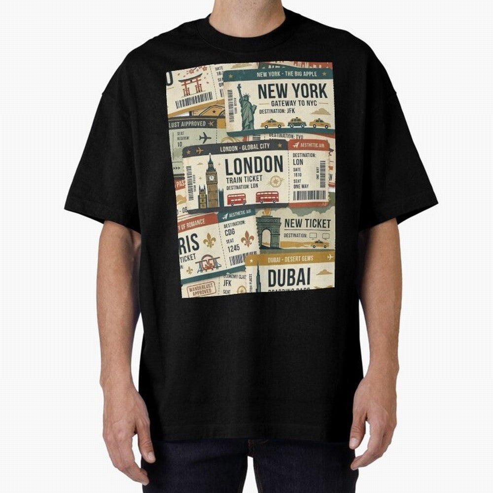 World Travel Ticket Aesthetic Collage Global City Vibes Oversized T-Shirt Join the Countdown to FIFA World Cup 2026 USA Canada Mexico for Fans of Mbappe and England, Bringing Champion Mindset, Group Stage Buzz, Knockout Tension and Passionate Fan
