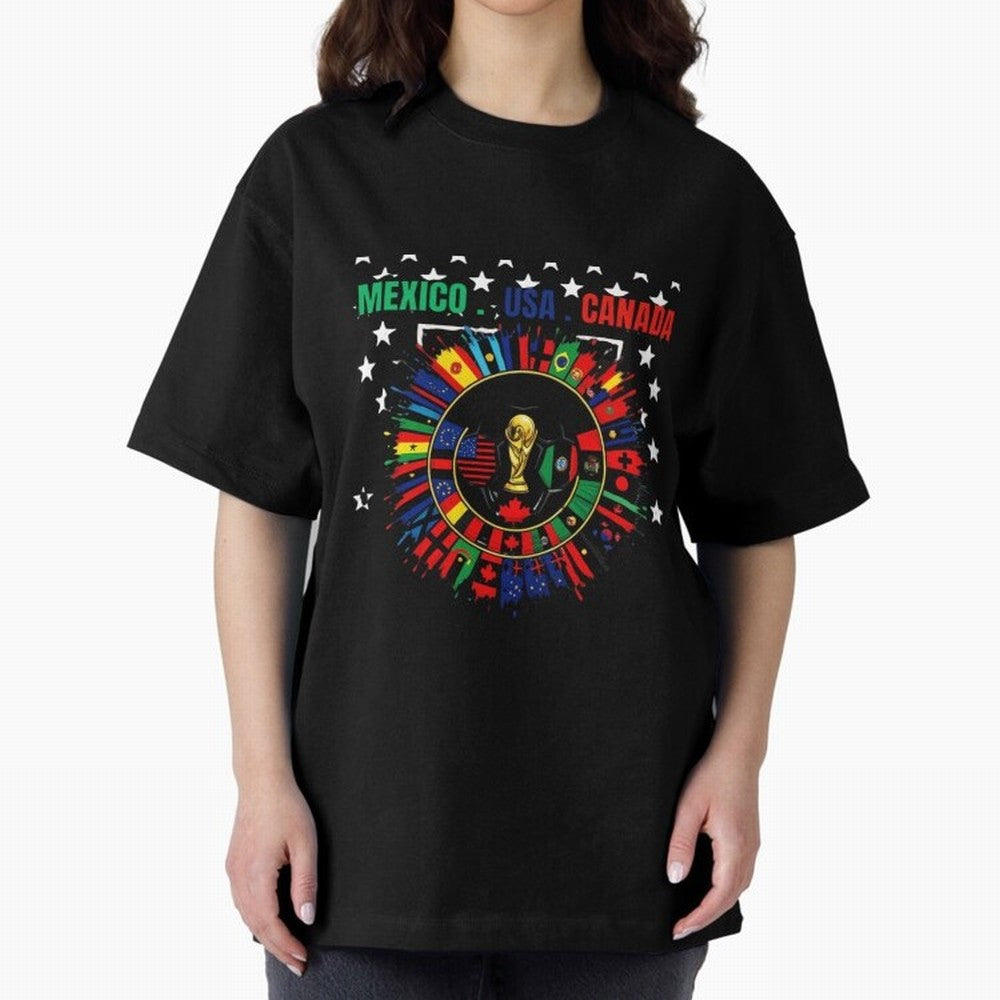 Multinational Nations Flags Badge Oversized T-Shirt Bring Bold Fan Energy to FIFA World Cup 2026 Group Stage for Fans of Neymar, Haaland and Cristiano Ronaldo and Spain and Netherlands, Bringing Goal Celebration Energy, Supporter Heritage, Football