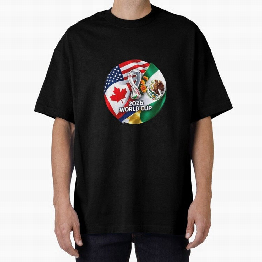 Host Trio Flags Circular Emblem Oversized T-Shirt Celebrate Rivalries and Pride in Match Day Hype around FIFA World Cup 2026, Neymar, Haaland and Cristiano Ronaldo, Portugal, Spain and Germany, Vintage Soccer Flavor, Modern Football Stars, National