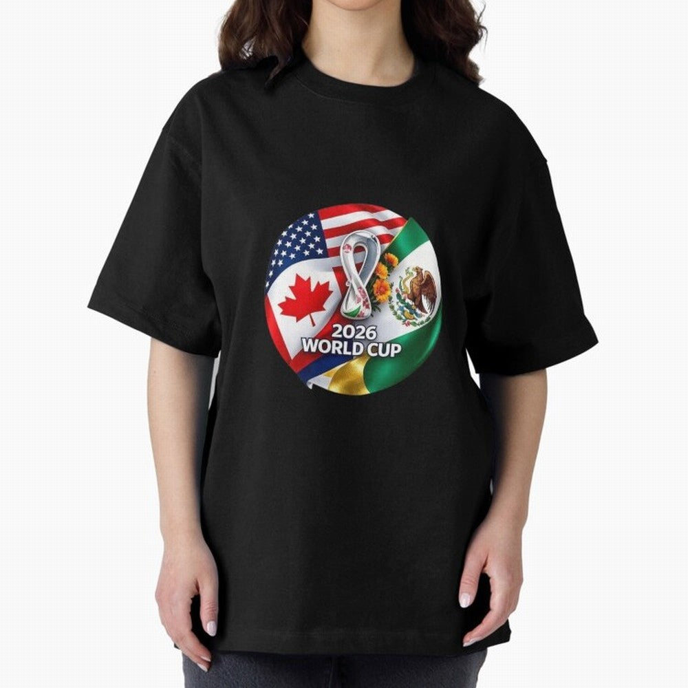 Host Trio Flags Circular Emblem Oversized T-Shirt Celebrate Rivalries and Pride in Match Day Hype around FIFA World Cup 2026, Neymar, Haaland and Cristiano Ronaldo, Portugal, Spain and Germany, Vintage Soccer Flavor, Modern Football Stars, National