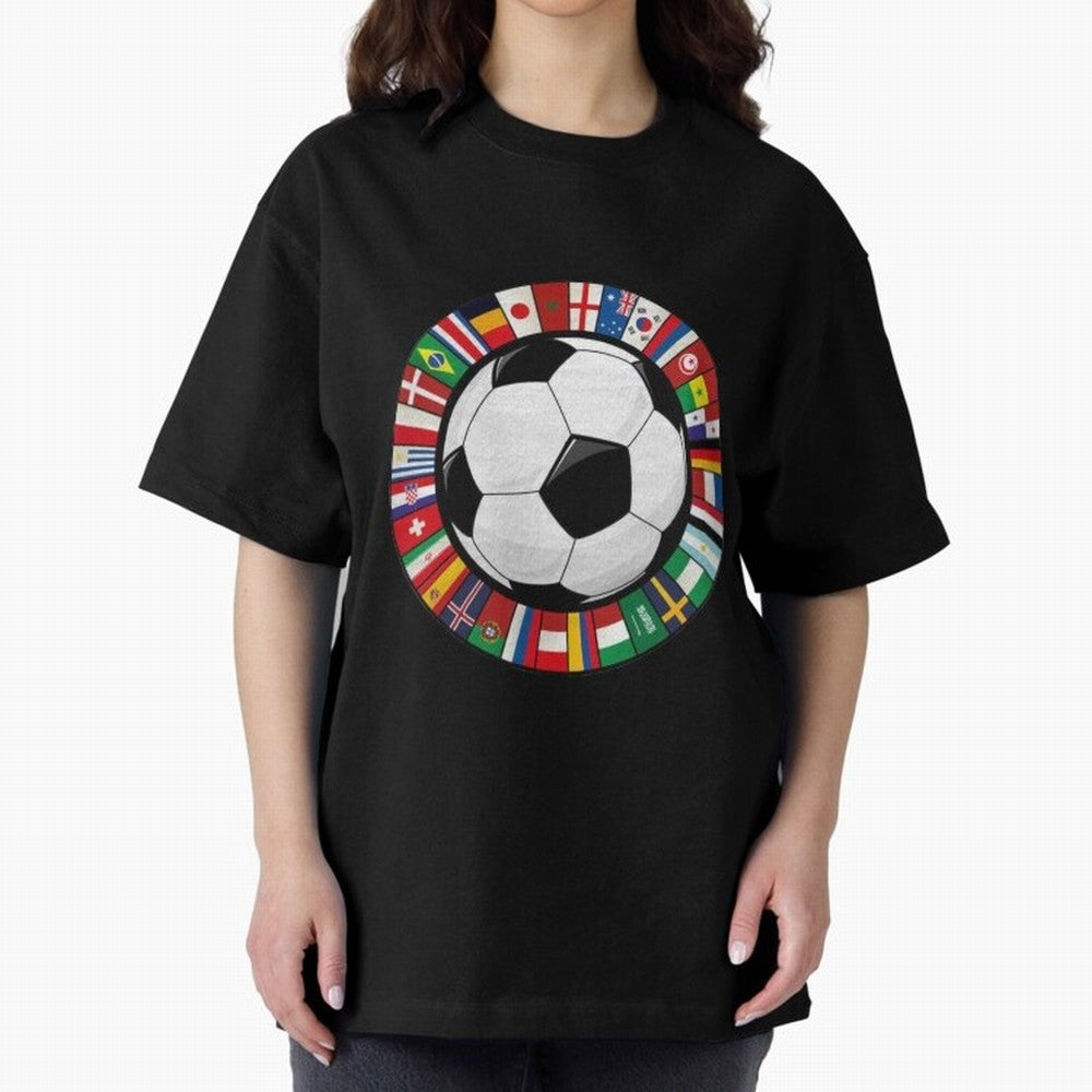 Global Nations Football Circle Art Oversized T-Shirt Cheer for FIFA World Cup 2026 Group Stage Featuring Haaland and Mbappe, Spain Energy, Global Supporter Spirit, Legendary Goals, National Colors and Tournament Celebration; Great for Supporters