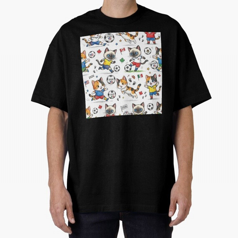 Chibi Soccer Cats 2026 - Cute Football Kittens Pattern Oversized T-Shirt Celebrate Rivalries and Pride in Global Football Passion for FIFA World Cup 2026 USA Canada Mexico, Connected to Haaland, Germany, Football Festival Excitement, Trophy
