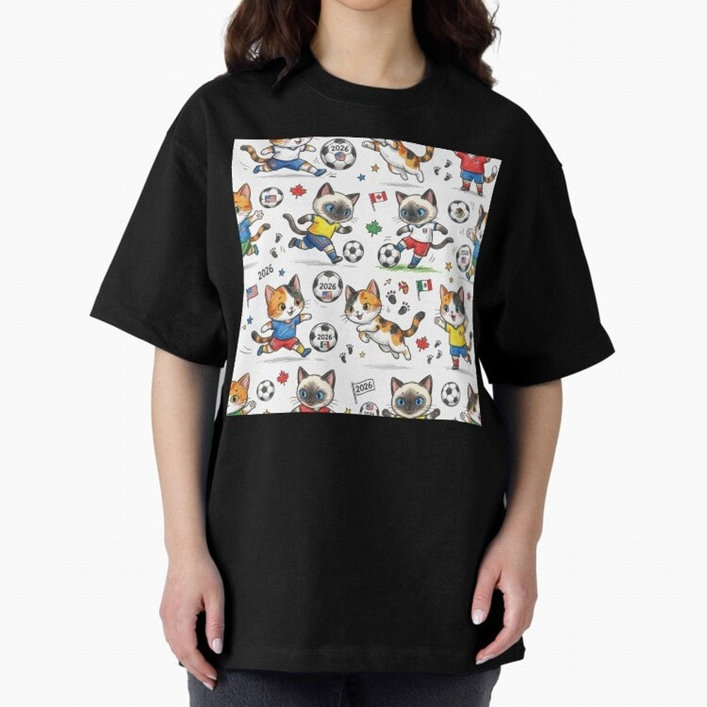 Chibi Soccer Cats 2026 - Cute Football Kittens Pattern Oversized T-Shirt Celebrate Rivalries and Pride in Global Football Passion for FIFA World Cup 2026 USA Canada Mexico, Connected to Haaland, Germany, Football Festival Excitement, Trophy