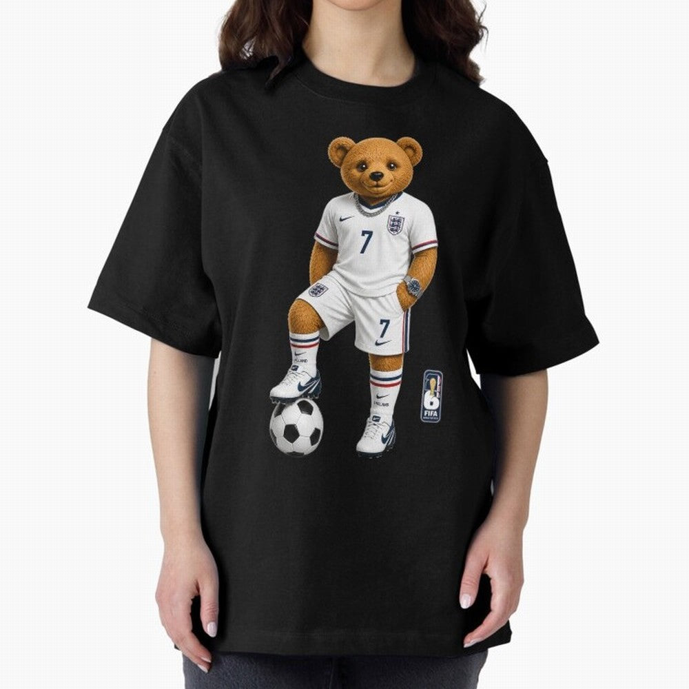 England Soccer Bear World Cup Teddy Bear Oversized T-Shirt Upgrade Global Football Passion for FIFA World Cup 2026 USA Canada Mexico, with Mbappe and Neymar, Netherlands, Football Passion, Legendary Performances, Festival Vibes and Supporter