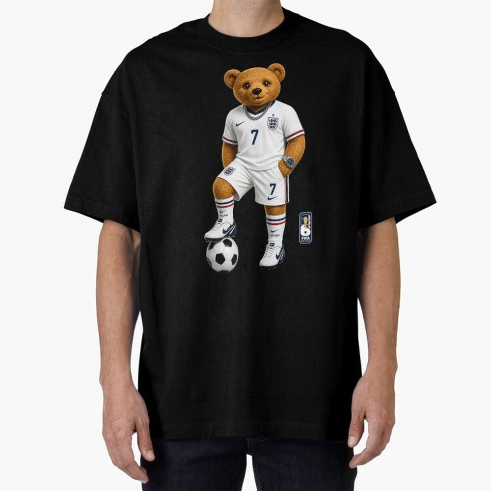England Soccer Bear World Cup Teddy Bear Oversized T-Shirt Upgrade Global Football Passion for FIFA World Cup 2026 USA Canada Mexico, with Mbappe and Neymar, Netherlands, Football Passion, Legendary Performances, Festival Vibes and Supporter