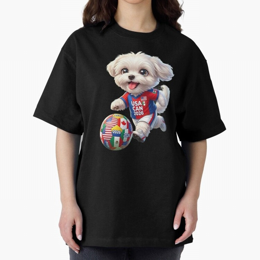 Cute Maltese Soccer Star - FIFA 2026 World Cup Edition Oversized T-Shirt Celebrate Classic Football Spirit in FIFA World Cup 2026 Group Stage for Fans of Haaland and Mbappe and Argentina, Bringing Football History, Final Match Energy, Crowd Noise
