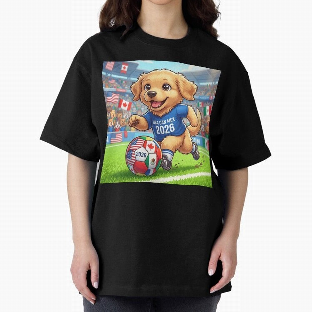 Golden Retriever Soccer Champ - World Cup 2026 Spirit Oversized T-Shirt Celebrate Football Heritage in FIFA World Cup 2026 Group Stage Spirit, Filled with Brazil, Haaland and Mbappe, Match Day Excitement, Supporter Culture, Golden Goals and Global