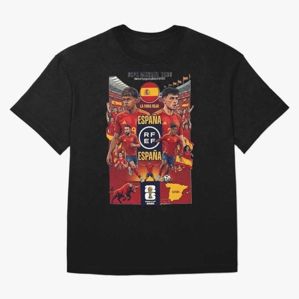 Spain 2026 ¨C La Furia Roja World Cup Poster Oversized T-Shirt Keep Football History Alive during Global Football Passion for FIFA World Cup 2026 Group Stage, Built around Messi, CR7 and Mbappe, Argentina, France and Brazil, Global Supporter