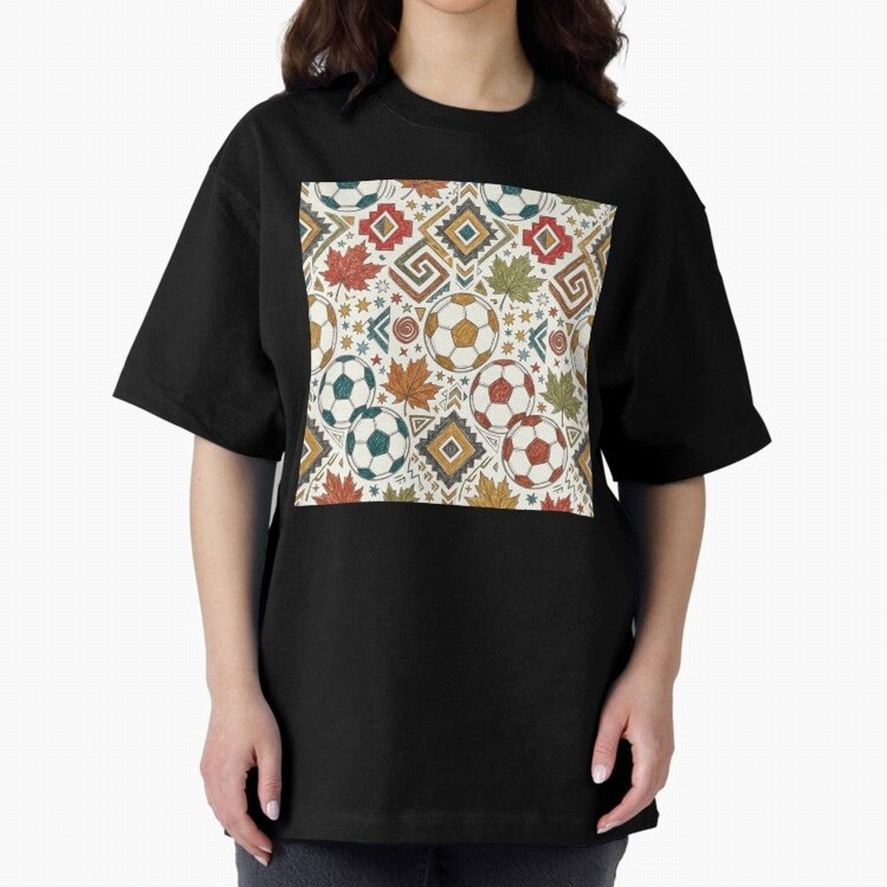 2026 World Cup Unity: Aztec & Maple Soccer Pattern Oversized T-Shirt Elevate FIFA World Cup 2026 Group Stage Spirit, Filled with France, Cristiano Ronaldo, Haaland and CR7, Goal Celebration Energy, Supporter Heritage, Football Icons and Worldwide