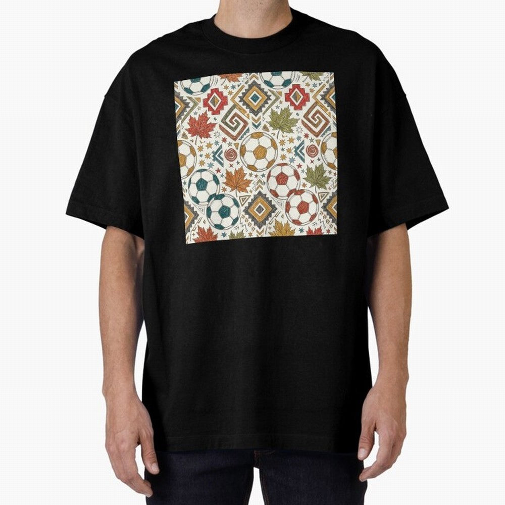 2026 World Cup Unity: Aztec & Maple Soccer Pattern Oversized T-Shirt Elevate FIFA World Cup 2026 Group Stage Spirit, Filled with France, Cristiano Ronaldo, Haaland and CR7, Goal Celebration Energy, Supporter Heritage, Football Icons and Worldwide