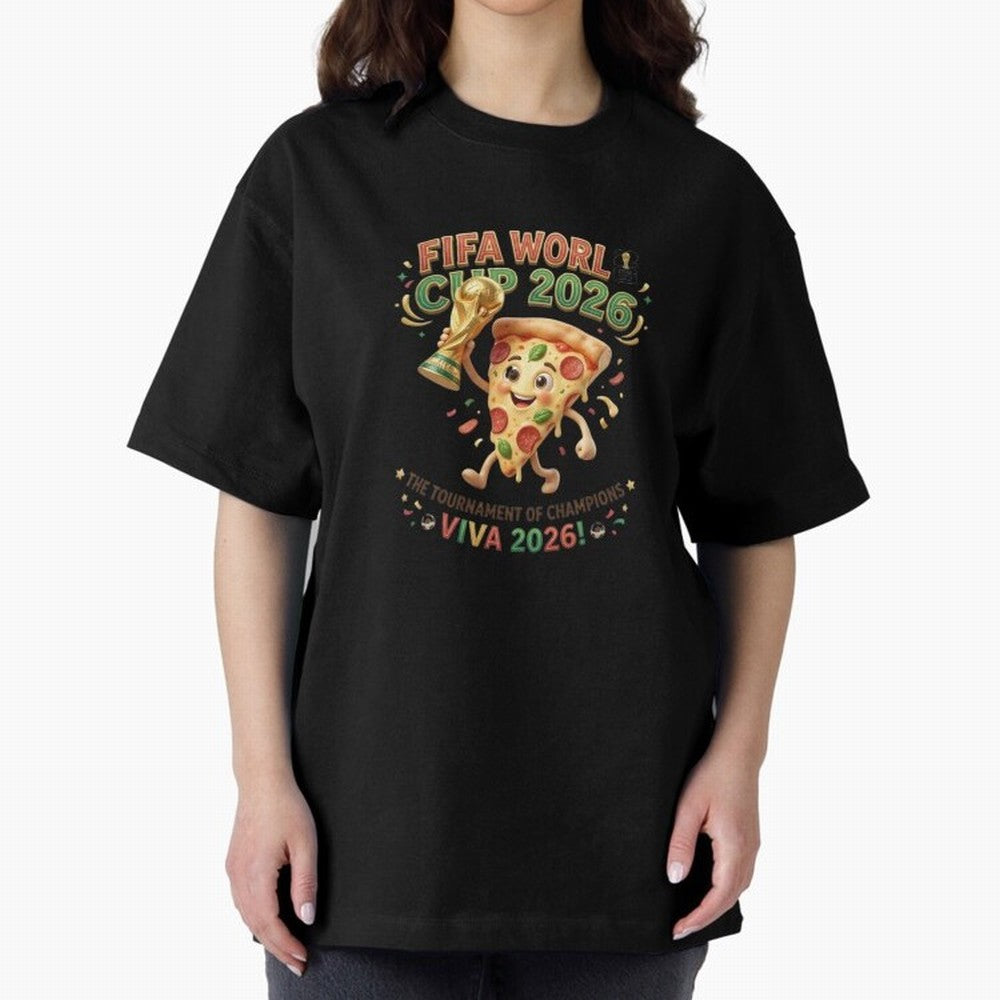 Happy Pizza Character Holding World Cup 2026 Trophy Oversized T-Shirt Discover FIFA World Cup 2026 USA Canada Mexico Inspired by CR7 and Messi, England Energy, Stadium Memories, Football Loyalty, International Chants and Championship Tradition;