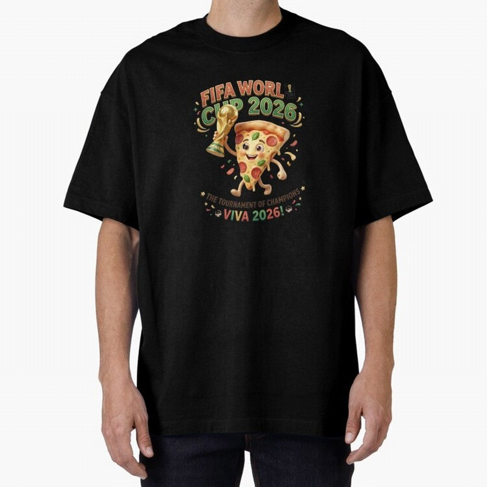 Happy Pizza Character Holding World Cup 2026 Trophy Oversized T-Shirt Discover FIFA World Cup 2026 USA Canada Mexico Inspired by CR7 and Messi, England Energy, Stadium Memories, Football Loyalty, International Chants and Championship Tradition;