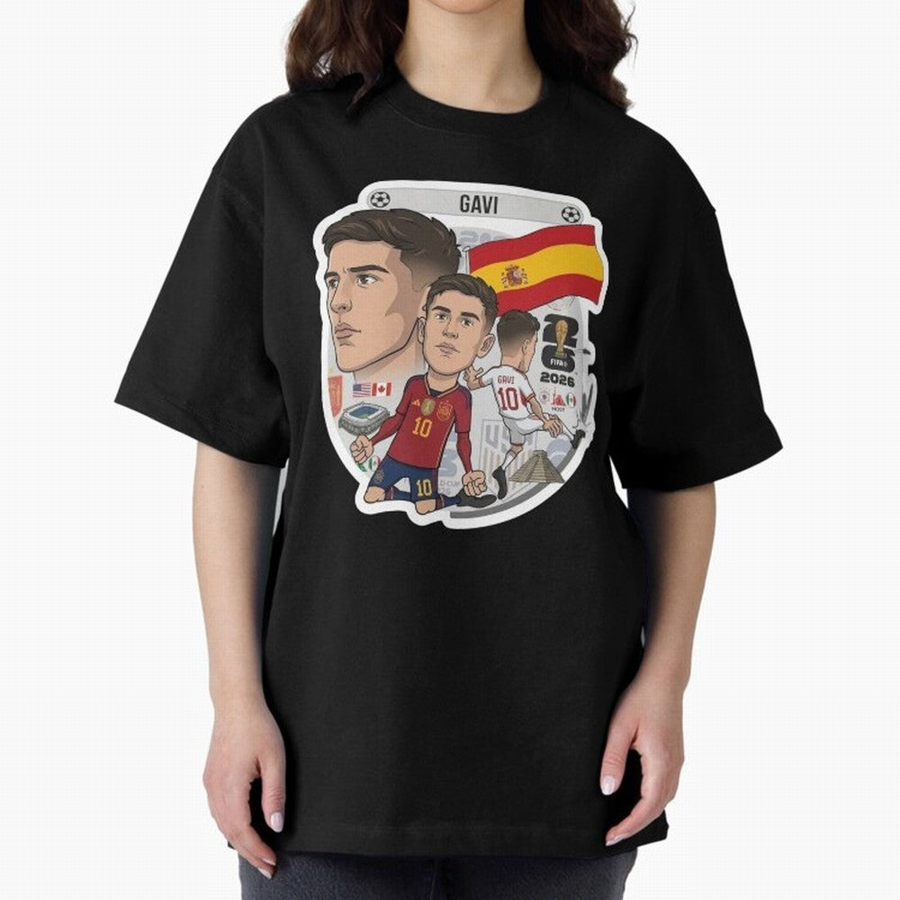 Gavi Spain National Team Football Cartoon Illustration Oversized T-Shirt Join the Countdown to the FIFA World Cup 2026 Group Stage Journey through Neymar, Haaland and Cristiano Ronaldo Highlights, Brazil, Portugal and Argentina Pride, Match Day