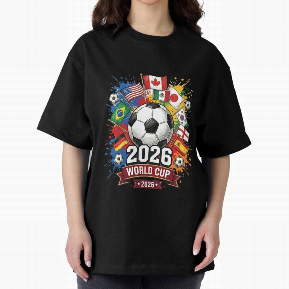 2026 World Cup Soccer Flags Graphic Oversized T-Shirt Stand Out with Spirit from FIFA World Cup 2026 Group Stage Filled with Mbappe and Neymar, Brazil Energy, Game Day Rituals, Football Legends, Country Pride and the Road to the Final; Built for