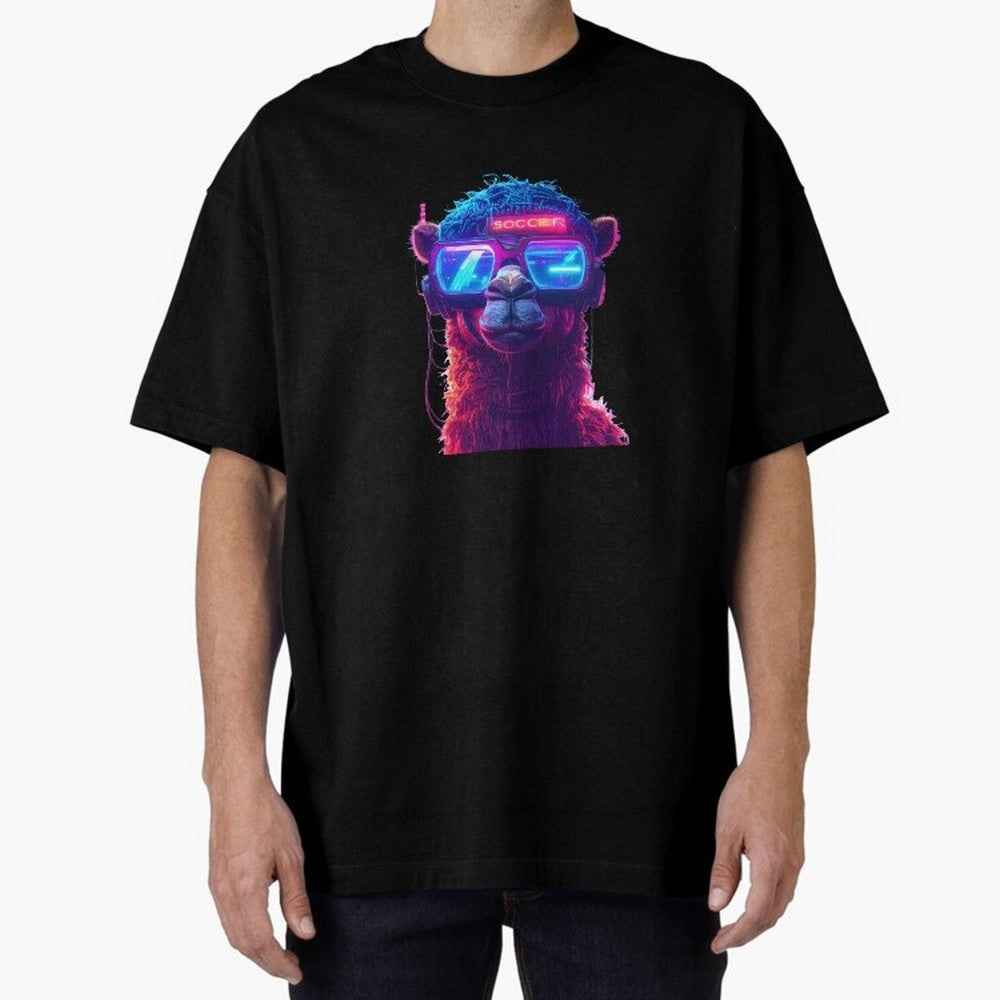 Cyberpunk Llama with Neon Soccer Vibes Oversized T-Shirt Bring Bold Fan Energy to Match Day Hype around FIFA World Cup 2026 Group Stage, Mbappe, Portugal, Spain and Germany, Vintage Soccer Flavor, Modern Football Stars, National Flags and Final