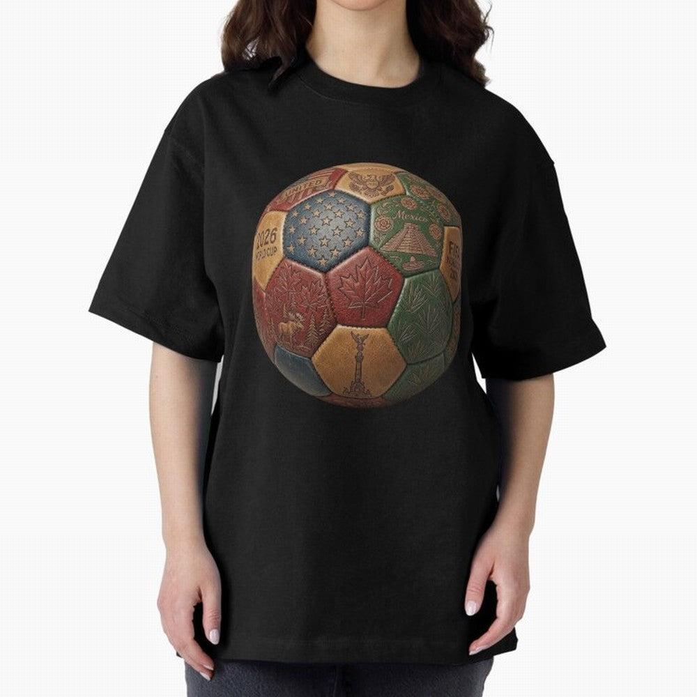 Artistic Ball for the 2026 World Cup ¨C USA, Mexico & Canada Football Design Oversized T-Shirt Celebrate Global Passion for FIFA World Cup 2026 for Fans of Messi, Neymar and Mbappe and Portugal, Bringing Goal Celebration Energy, Supporter Heritage,