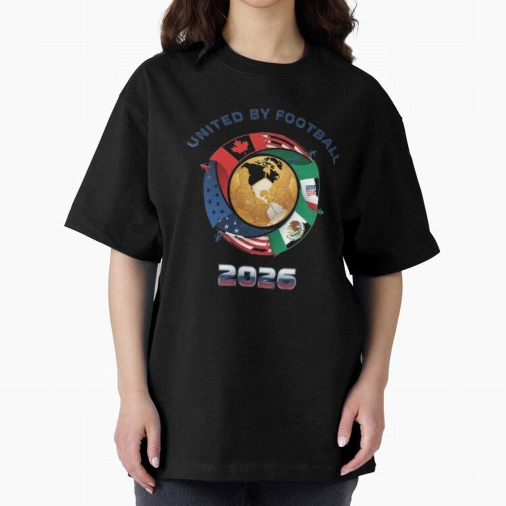 Connected Network Soccer Ball World Cup 2026 Concept Oversized T-Shirt Follow the Road to FIFA World Cup 2026 Group Stage Capturing CR7 and Messi, England Energy, Championship Spirit, Famous Goals, Roaring Crowds and International Football Unity;